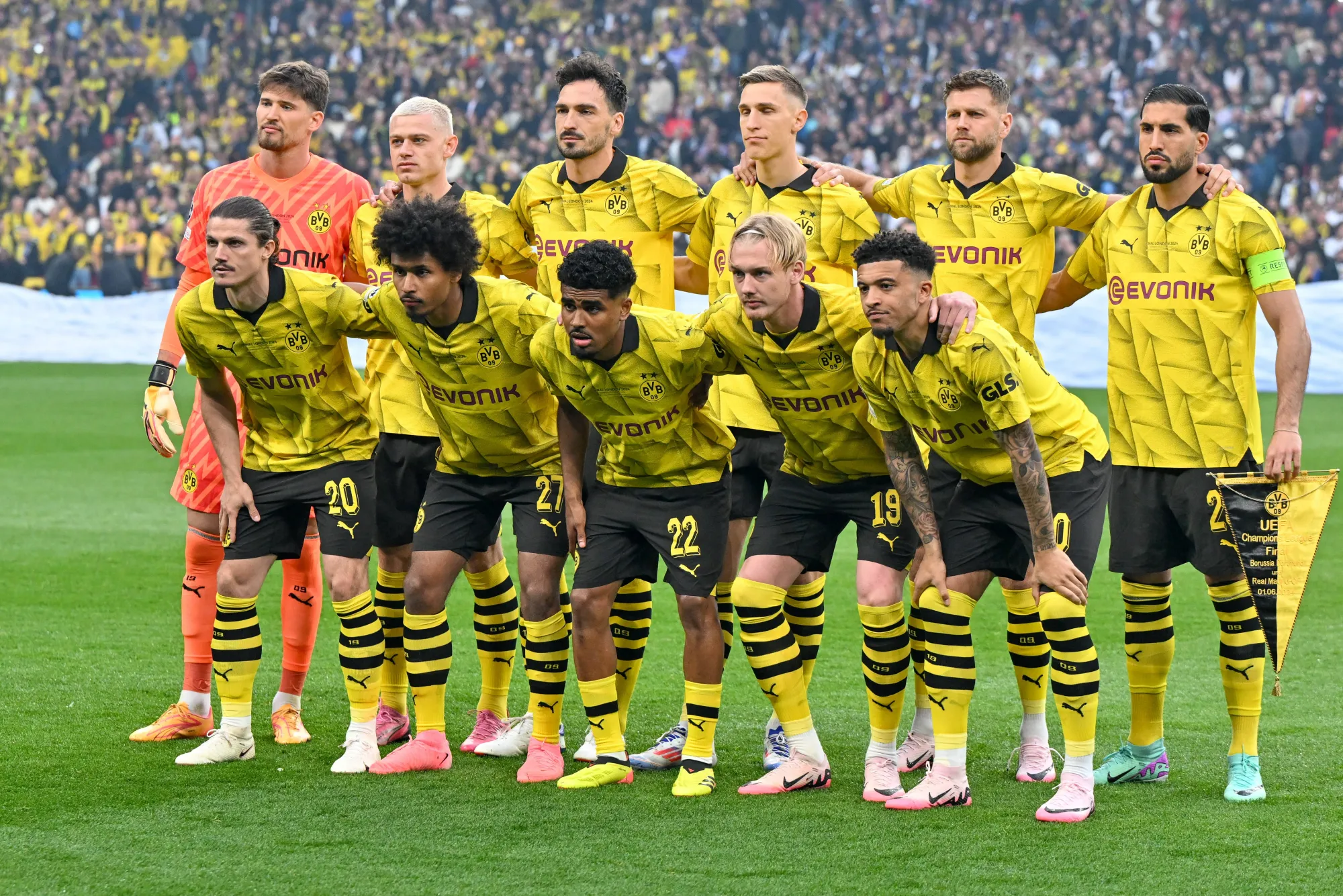 Jadon Sancho in Borussia Dortmund's line-up against Real Madrid in the 2024 UEFA Champions League final at Wembley Stadium