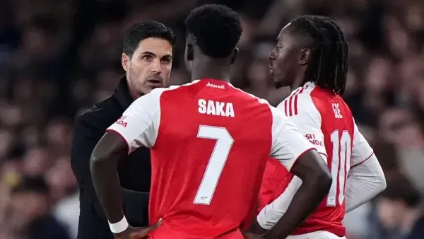 Mikel Arteta, Bukayo Saka and Eberechi Eze, Bradley Collyer PA